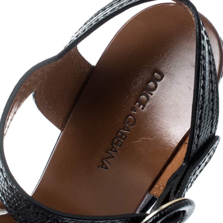 Pre Owned Dolce & Gabbana Monochrome Leather And Lizard Embossed Leather Ankle Strap Platform Wedge Sandals Size 39