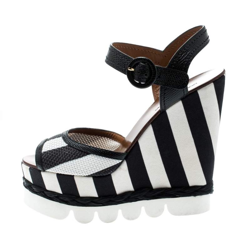 Pre Owned Dolce & Gabbana Monochrome Leather And Lizard Embossed Leather Ankle Strap Platform Wedge Sandals Size 39