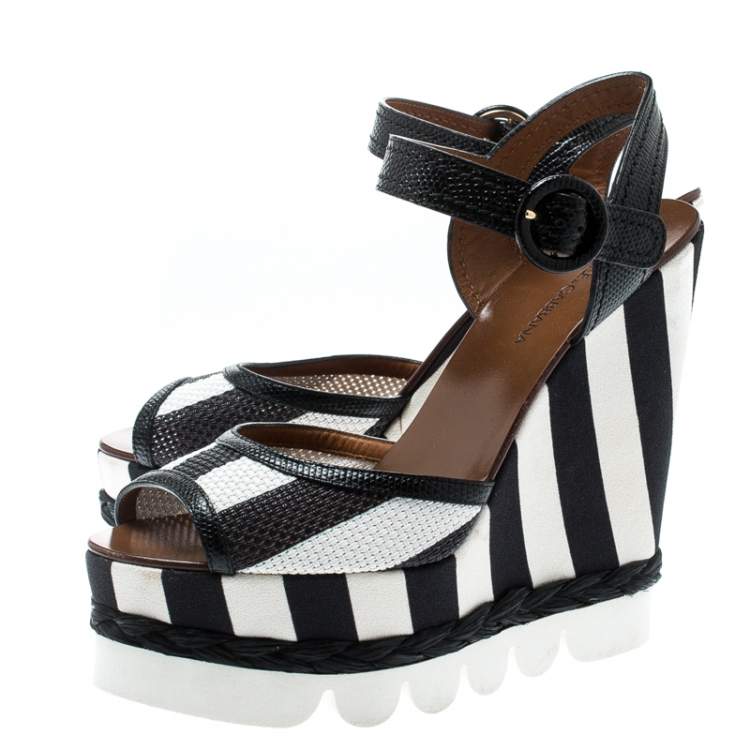 Pre Owned Dolce & Gabbana Monochrome Leather And Lizard Embossed Leather Ankle Strap Platform Wedge Sandals Size 39