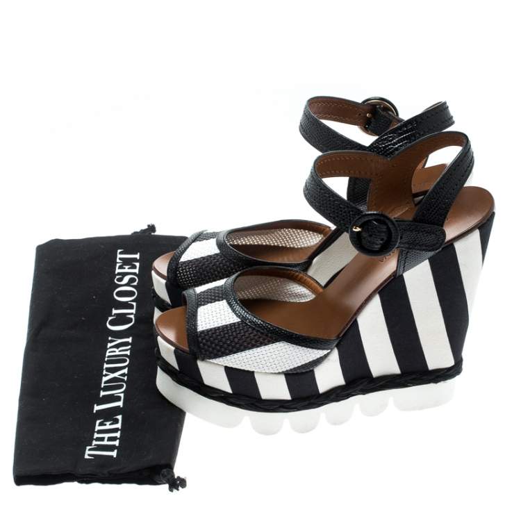 Pre Owned Dolce & Gabbana Monochrome Leather And Lizard Embossed Leather Ankle Strap Platform Wedge Sandals Size 39