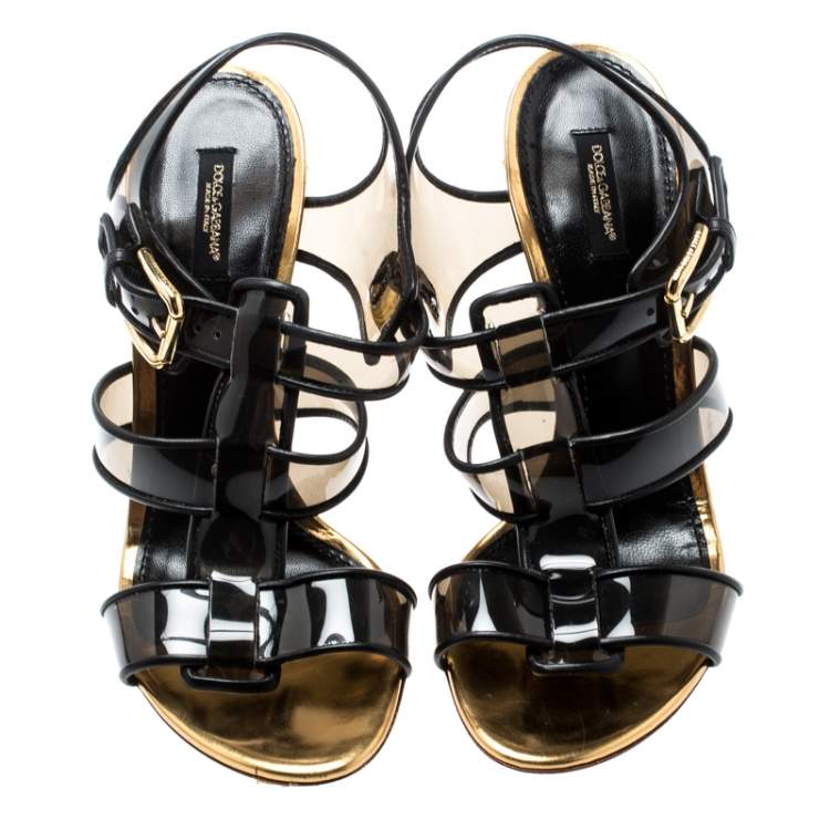 Pre Owned Dolce & Gabbana Black PVC And Leather Strappy Woven Detail Heel Sandals Size 41