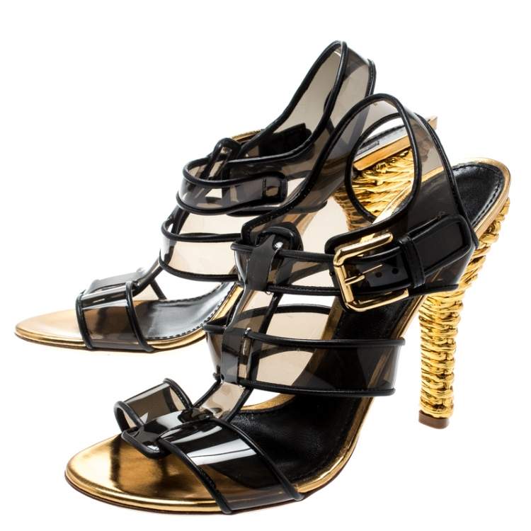 Pre Owned Dolce & Gabbana Black PVC And Leather Strappy Woven Detail Heel Sandals Size 41
