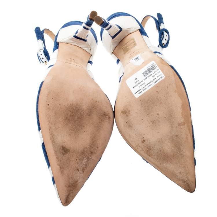 مملوكة مسبقًا Dolce & Gabbana Blue and White Stripe Brocade Fabric Pointed Toe Slingback Sandals Size 40