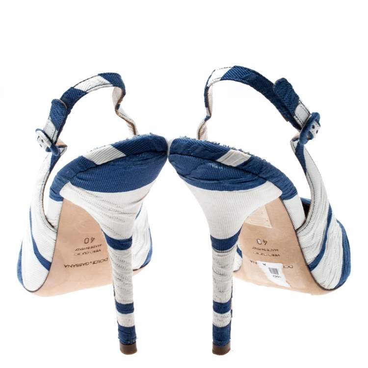 مملوكة مسبقًا Dolce & Gabbana Blue and White Stripe Brocade Fabric Pointed Toe Slingback Sandals Size 40