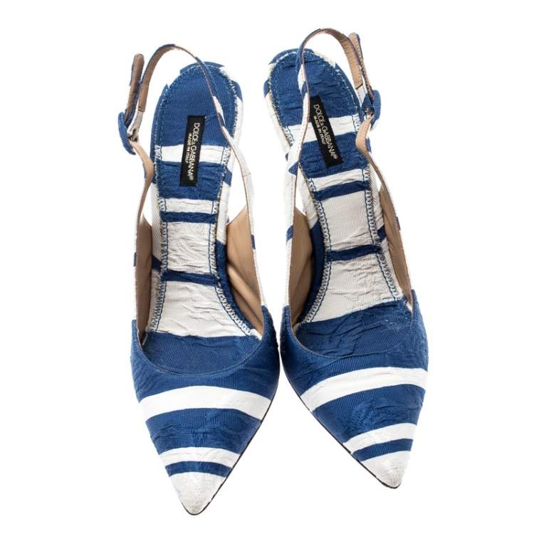 مملوكة مسبقًا Dolce & Gabbana Blue and White Stripe Brocade Fabric Pointed Toe Slingback Sandals Size 40