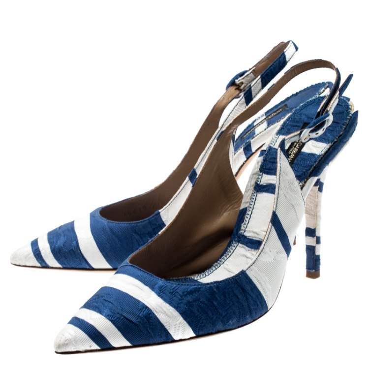 مملوكة مسبقًا Dolce & Gabbana Blue and White Stripe Brocade Fabric Pointed Toe Slingback Sandals Size 40