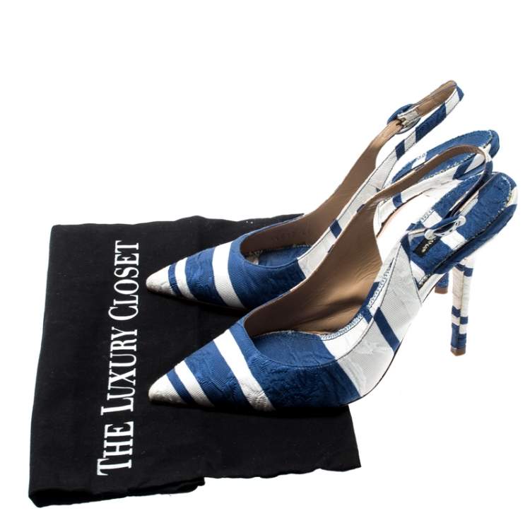 مملوكة مسبقًا Dolce & Gabbana Blue and White Stripe Brocade Fabric Pointed Toe Slingback Sandals Size 40