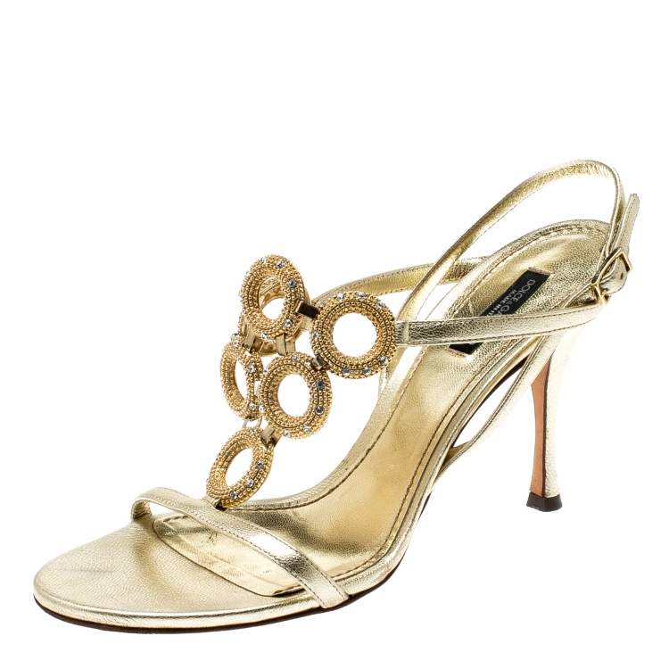Dolce & Gabbana Metallic Gold Leather Crystal Ring Embellished Open Toe ...