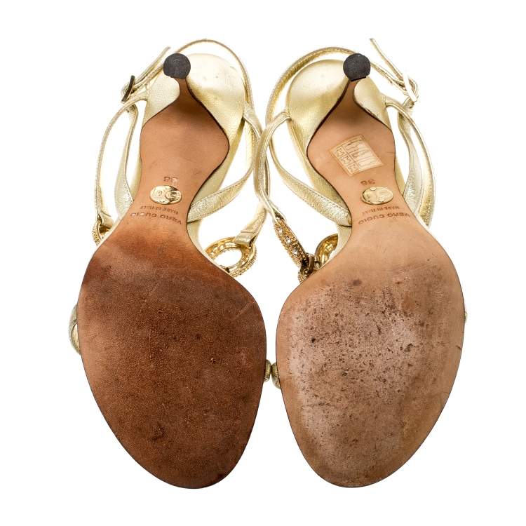 Pre Owned Dolce & Gabbana Metallic Gold Leather Crystal Ring Embellished Open Toe Slingback Sandals Size 38
