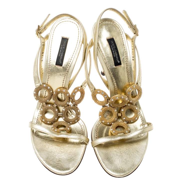 Pre Owned Dolce & Gabbana Metallic Gold Leather Crystal Ring Embellished Open Toe Slingback Sandals Size 38