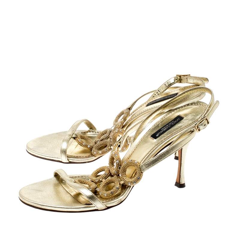 Pre Owned Dolce & Gabbana Metallic Gold Leather Crystal Ring Embellished Open Toe Slingback Sandals Size 38
