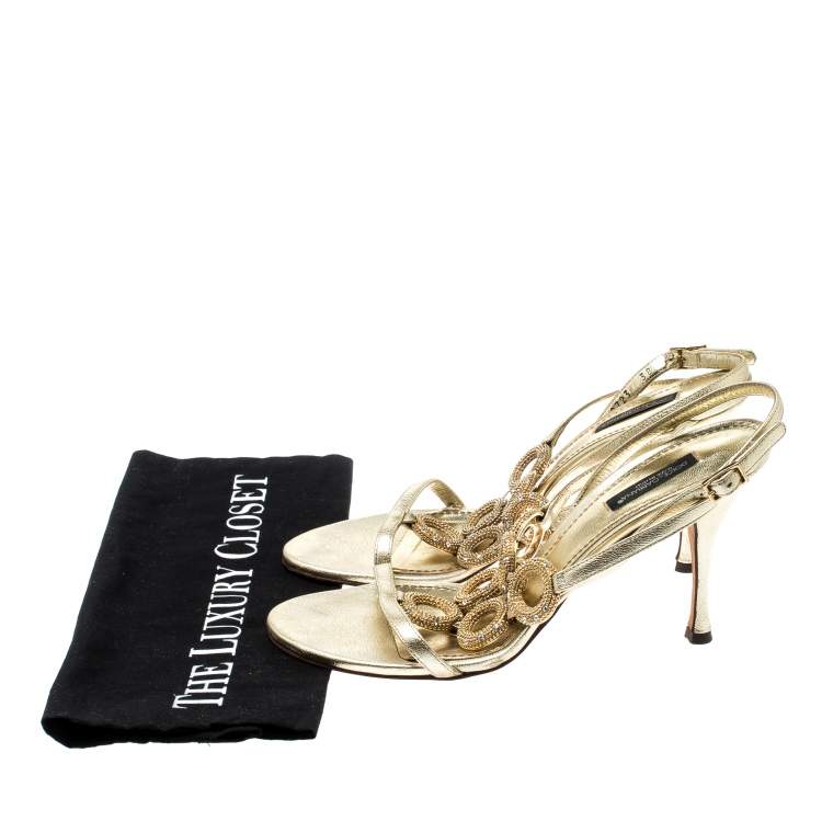 Pre Owned Dolce & Gabbana Metallic Gold Leather Crystal Ring Embellished Open Toe Slingback Sandals Size 38