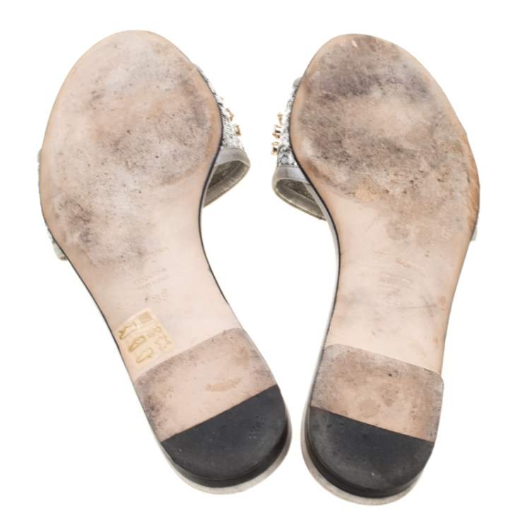 Pre Owned Dolce & Gabbana Metallic Silver Lace Crystal Embellished Flat Slides Size 39