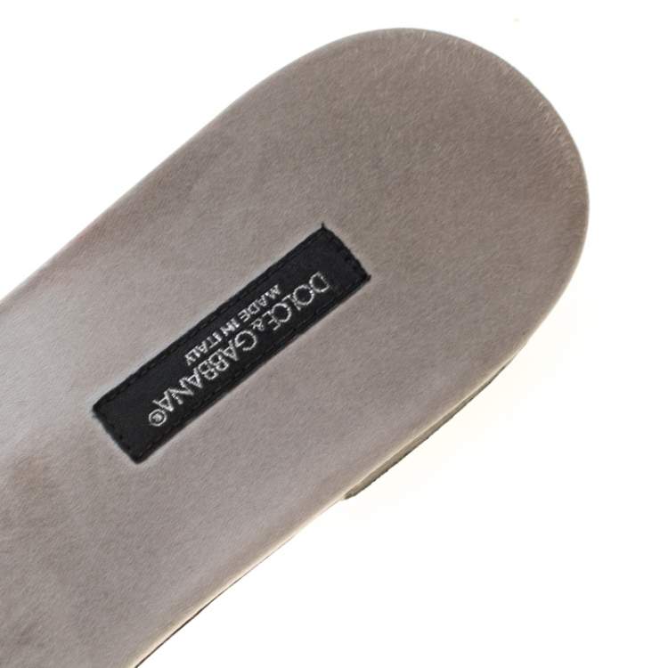 Pre Owned Dolce & Gabbana Metallic Silver Lace Crystal Embellished Flat Slides Size 39