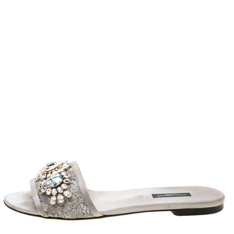 Pre Owned Dolce & Gabbana Metallic Silver Lace Crystal Embellished Flat Slides Size 39