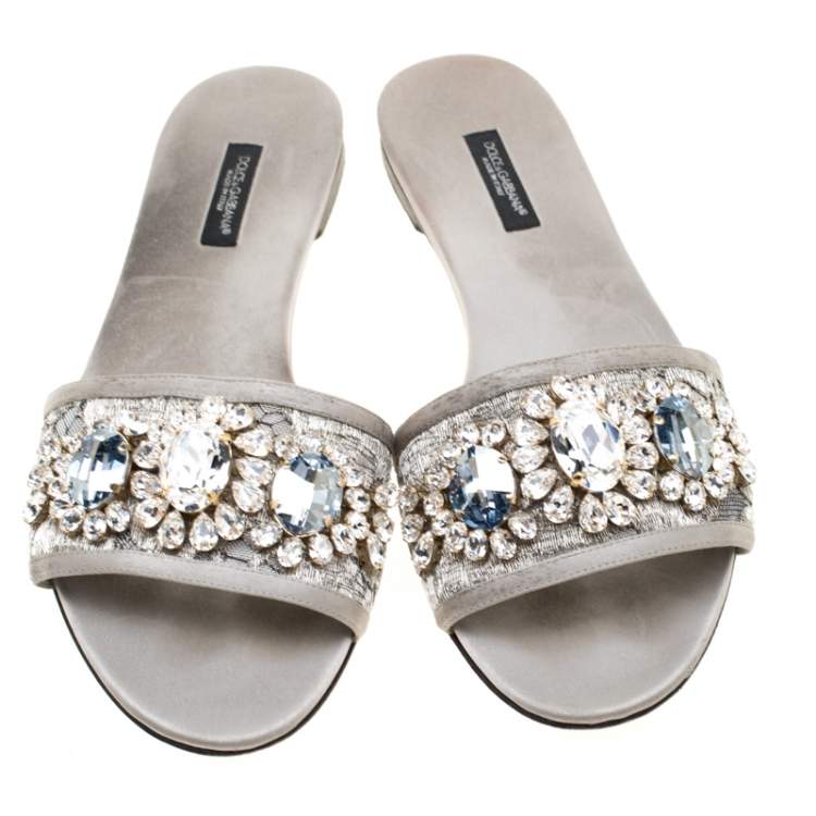 Pre Owned Dolce & Gabbana Metallic Silver Lace Crystal Embellished Flat Slides Size 39