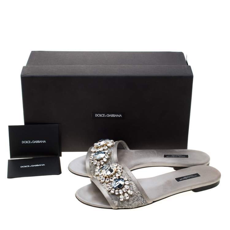 Pre Owned Dolce & Gabbana Metallic Silver Lace Crystal Embellished Flat Slides Size 39