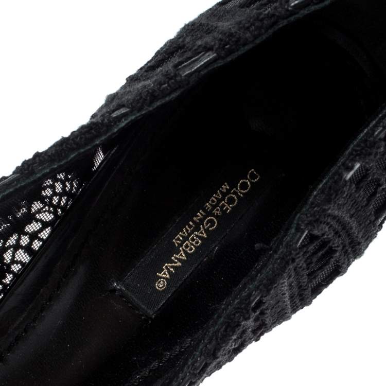 Pre Owned Dolce & Gabbana Black Lace And Leather Crochet Pumps Size 37.5