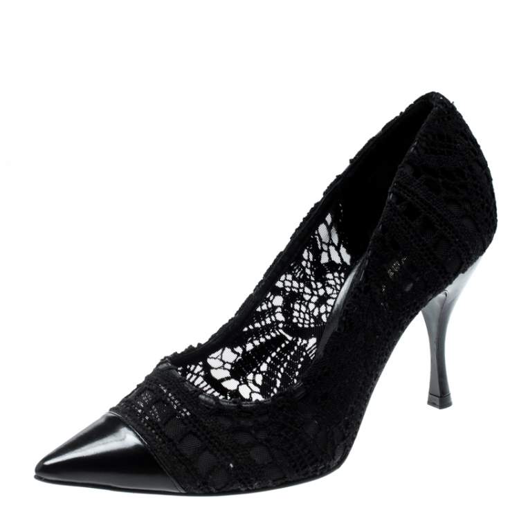 Pre Owned Dolce & Gabbana Black Lace And Leather Crochet Pumps Size 37.5