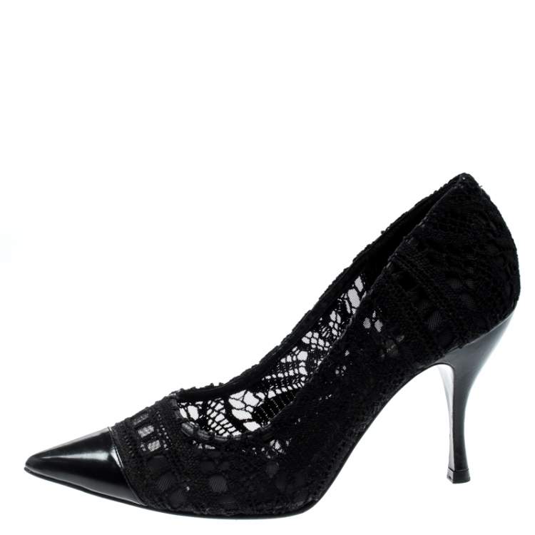 Pre Owned Dolce & Gabbana Black Lace And Leather Crochet Pumps Size 37.5