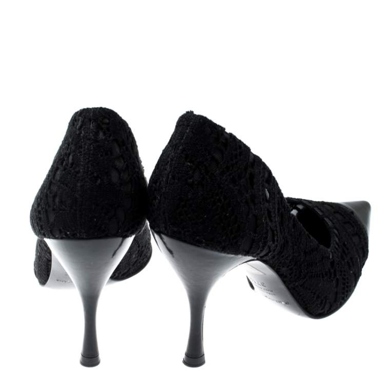 Pre Owned Dolce & Gabbana Black Lace And Leather Crochet Pumps Size 37.5