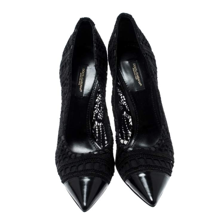 Pre Owned Dolce & Gabbana Black Lace And Leather Crochet Pumps Size 37.5