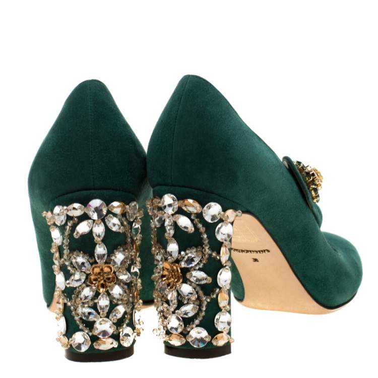 Pre Owned Dolce & Gabbana Green Suede Crystal Embellished Mary Jane Pumps Size 36