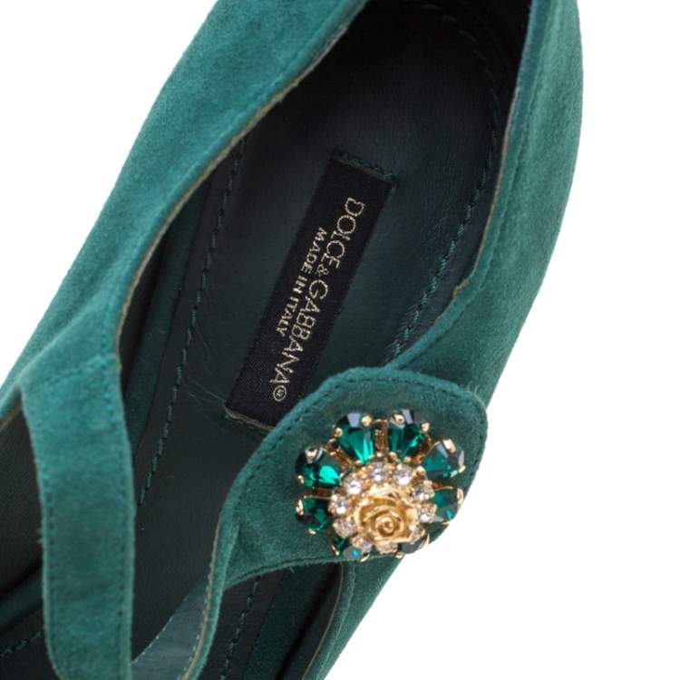 Pre Owned Dolce & Gabbana Green Suede Crystal Embellished Mary Jane Pumps Size 36