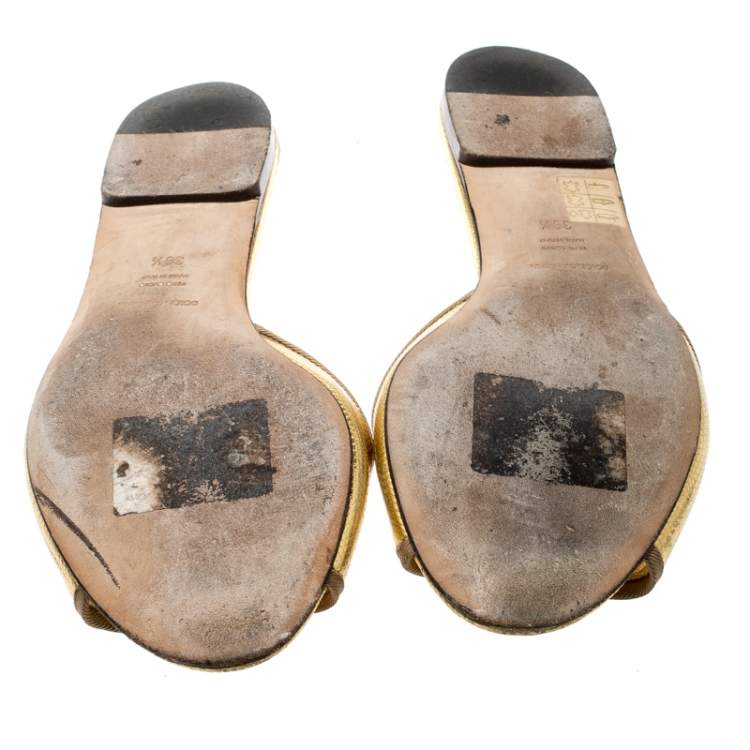 Pre Owned Dolce & Gabbana Gold Lizard Embossed Leather Flat Slides Size 39.5
