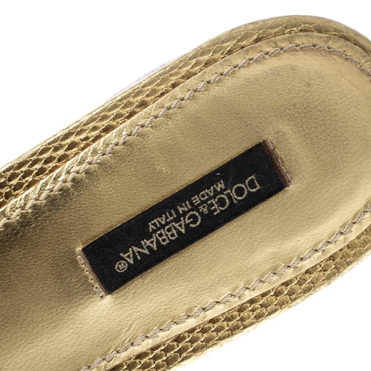 Pre Owned Dolce & Gabbana Gold Lizard Embossed Leather Flat Slides Size 39.5