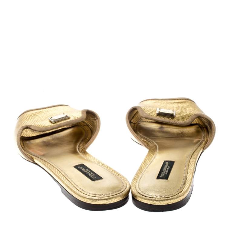 Pre Owned Dolce & Gabbana Gold Lizard Embossed Leather Flat Slides Size 39.5