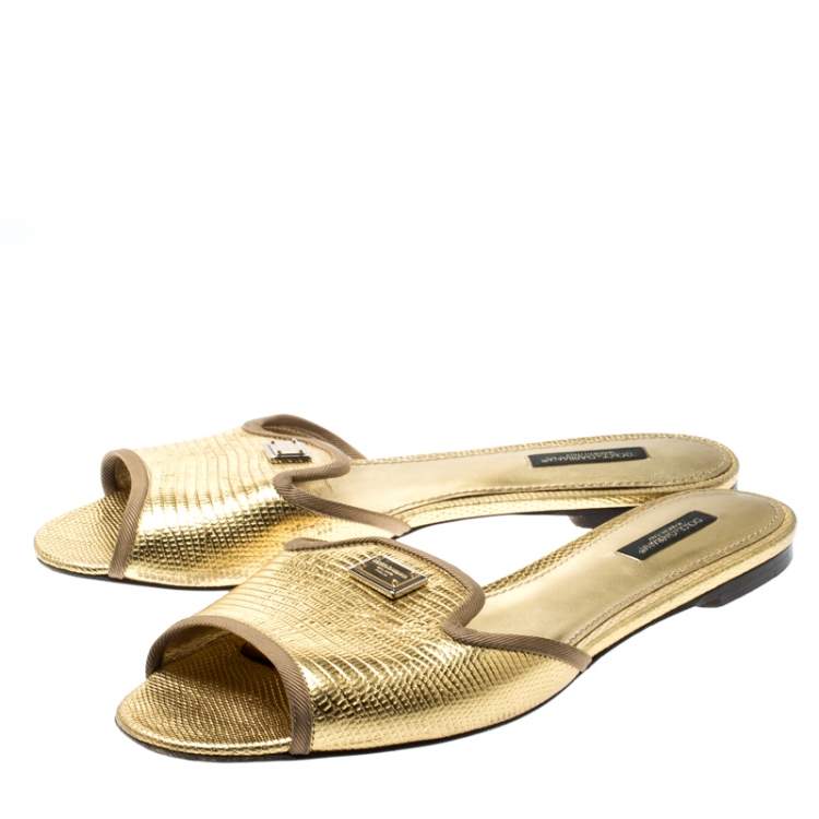 Pre Owned Dolce & Gabbana Gold Lizard Embossed Leather Flat Slides Size 39.5