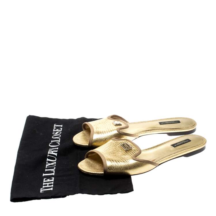 Pre Owned Dolce & Gabbana Gold Lizard Embossed Leather Flat Slides Size 39.5
