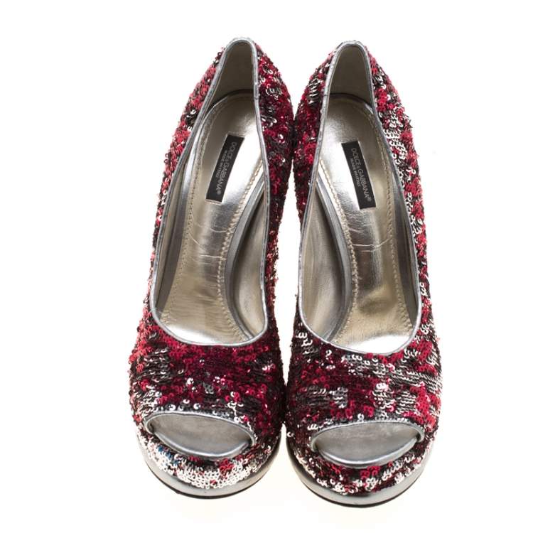 Pre Owned Dolce & Gabbana Metallic Two Tone Sequins Embellished Peep Toe Platform Pumps Size 40