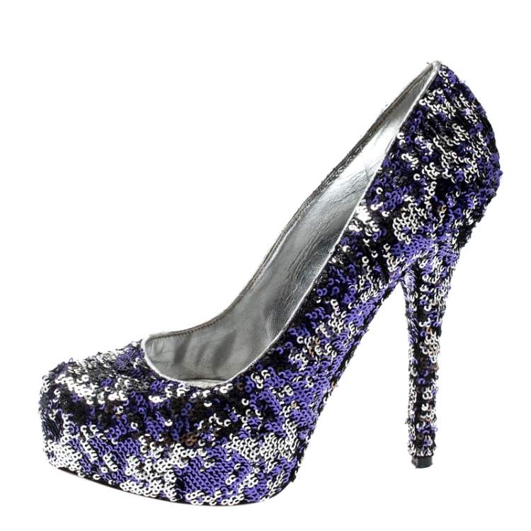 Pre Owned Dolce & Gabbana Metallic Two Tone Sequins Embellished Platform Pumps Size 40