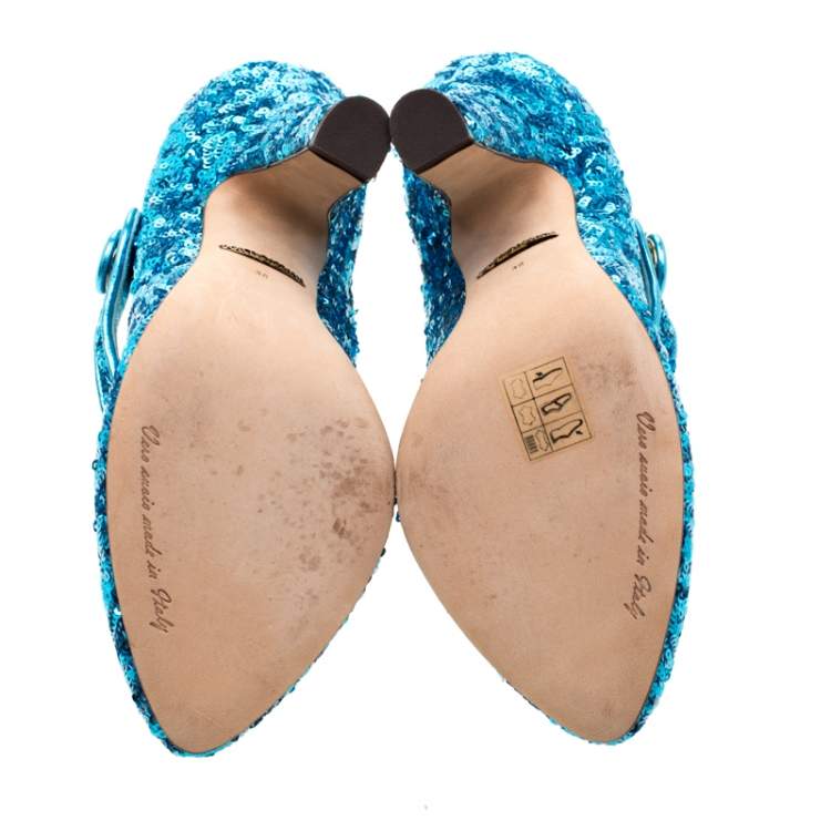 Pre Owned Dolce & Gabbana Blue Sequin Mary Jane Pumps 38