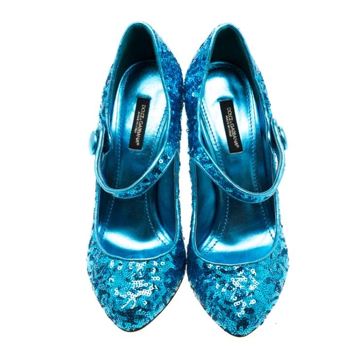 Pre Owned Dolce & Gabbana Blue Sequin Mary Jane Pumps 38