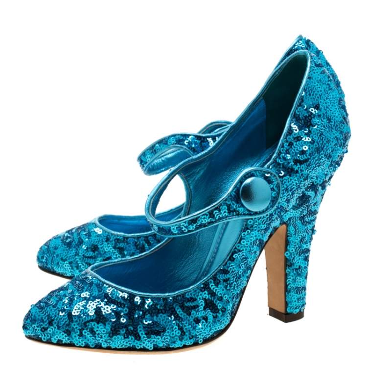 Pre Owned Dolce & Gabbana Blue Sequin Mary Jane Pumps 38