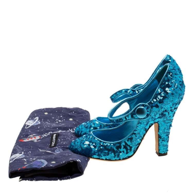 Pre Owned Dolce & Gabbana Blue Sequin Mary Jane Pumps 38