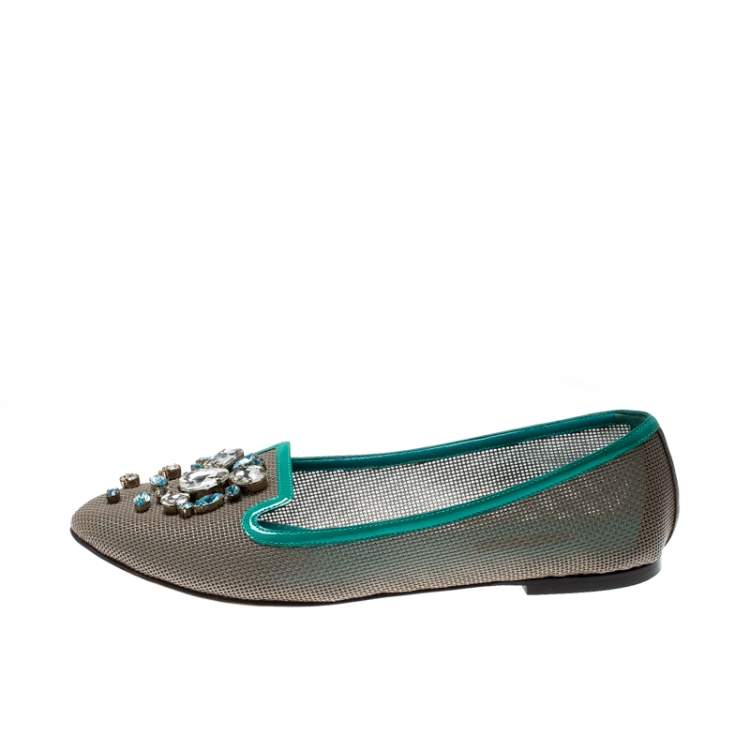 Pre Owned Dolce & Gabbana Grey Patent Leather Crystal Embellished Ballet Flats Size 40