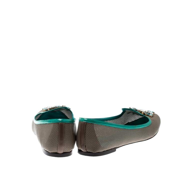 Pre Owned Dolce & Gabbana Grey Patent Leather Crystal Embellished Ballet Flats Size 40