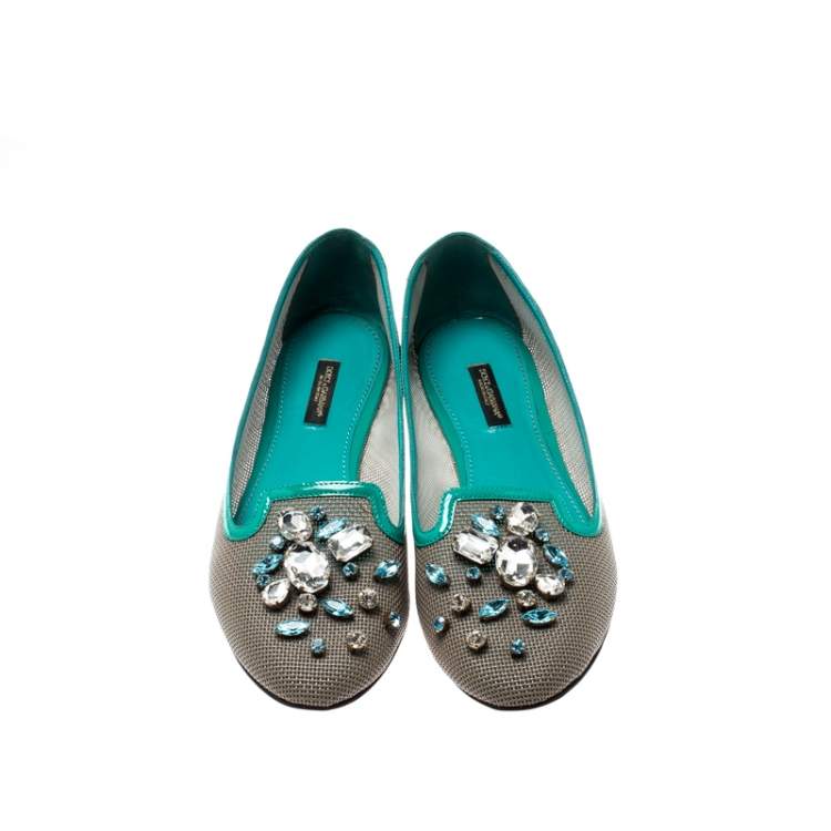 Pre Owned Dolce & Gabbana Grey Patent Leather Crystal Embellished Ballet Flats Size 40