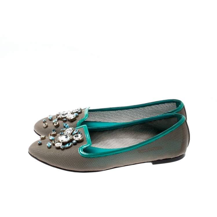 Pre Owned Dolce & Gabbana Grey Patent Leather Crystal Embellished Ballet Flats Size 40