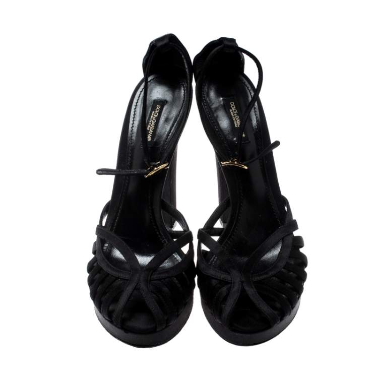 Pre Owned Dolce & Gabbana Black Satin Ankle Strap Platform Pumps Size 40