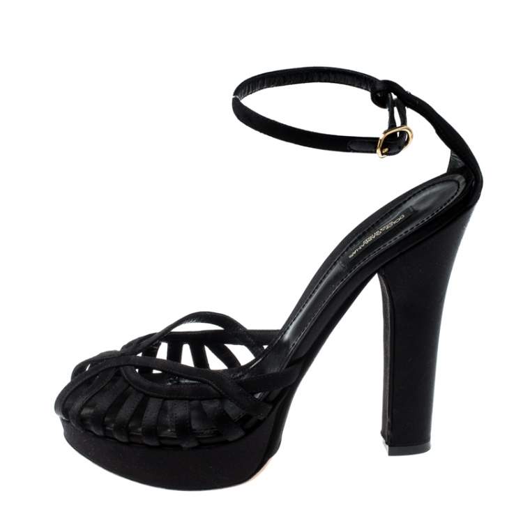 Pre Owned Dolce & Gabbana Black Satin Ankle Strap Platform Pumps Size 40