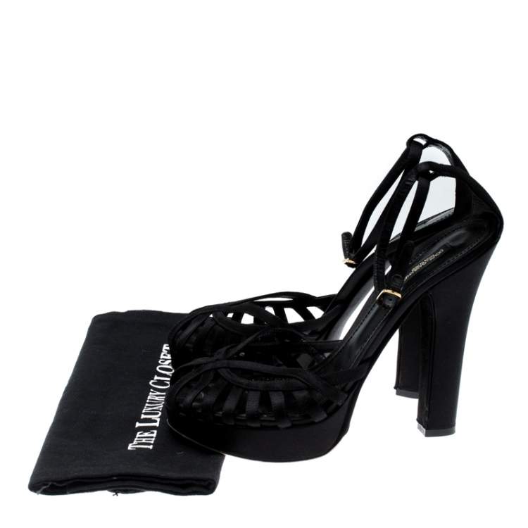 Pre Owned Dolce & Gabbana Black Satin Ankle Strap Platform Pumps Size 40