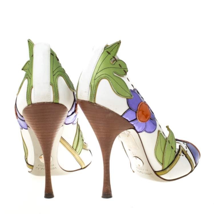 Pre Owned Dolce & Gabbana Multicolor Leather Floral Detail Peep Toe Pumps Size 40