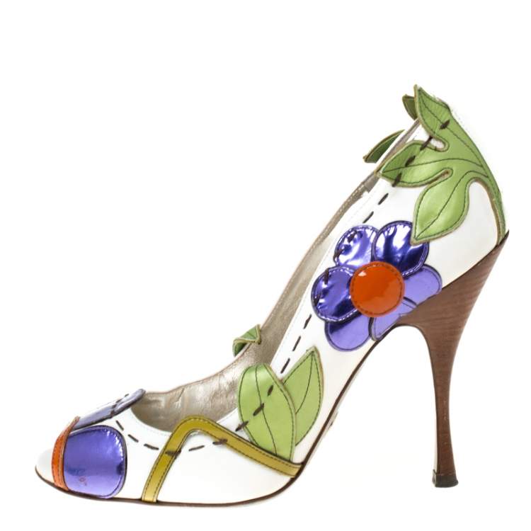Pre Owned Dolce & Gabbana Multicolor Leather Floral Detail Peep Toe Pumps Size 40