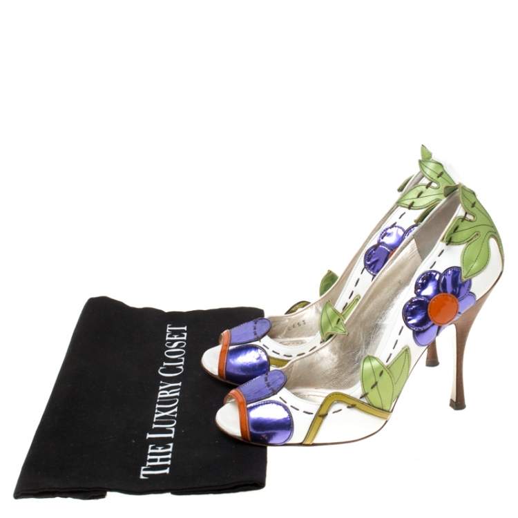 Pre Owned Dolce & Gabbana Multicolor Leather Floral Detail Peep Toe Pumps Size 40