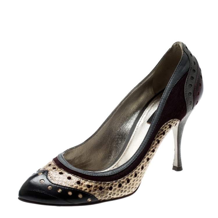 Pre Owned Dolce & Gabbana Multicolor Brogue Python Leather And Pony Hair Trim Pumps Size 39